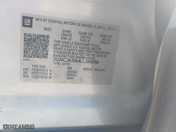 2020 Chevrolet Trax LS with VIN 3GNCJKSB4LL286096, listed as a IAAI auction lot 41466001 with 64,777 mi miles. Bid and sale history available at carsss.com. Image 9.