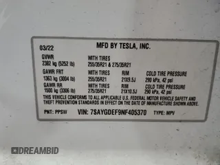 2022 Tesla Model Y Performance with VIN 7SAYGDEF9NF405370, listed as a Copart auction lot 43621095 with 52,292 mi miles and Salvage Title. Bid and sale history available at DreamBid. Image 12.