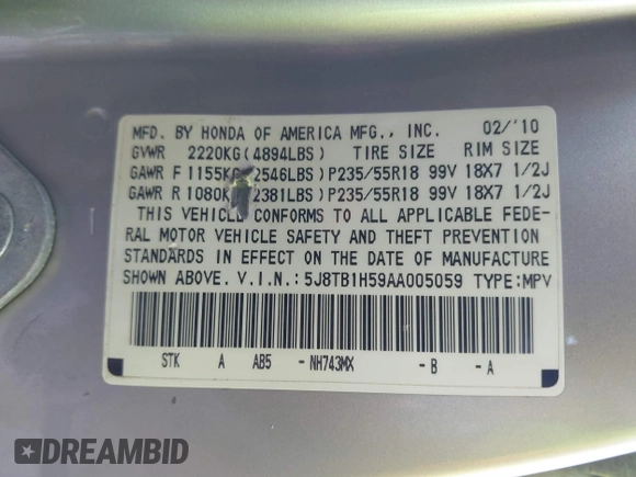 2010 Acura RDX Technology z VIN 5J8TB1H59AA005059, wystawiony jako IAAI lot #40879854 z przebiegiem 213 955 mil mil oraz . Historia ofert i sprzedaży dostępna na DreamBid. Obrazek 9.
