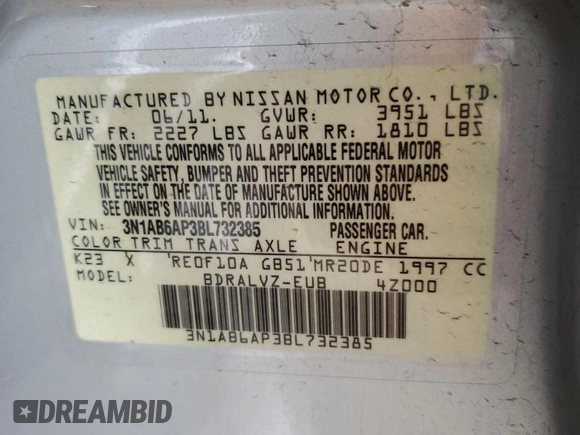2011 Nissan Sentra S with VIN 3N1AB6AP3BL732385, listed as a Copart auction lot 49118535 with 63,157 mi miles and Clean Title. Bid and sale history available at DreamBid. Image 12.