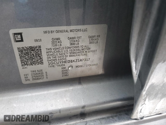 2019 Chevrolet Silverado 1500 High Country with VIN 1GCUYHED1KZ147317, listed as a Copart auction lot 43194955 with 104,985 mi miles and Salvage Title. Bid and sale history available at carsss.com. Image 12.
