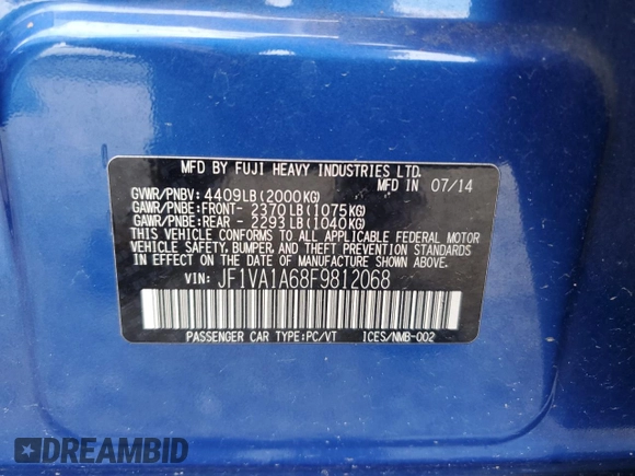2015 Subaru WRX with VIN JF1VA1A68F9812068, listed as a Copart auction lot 60784075 with 135,654 mi miles and Salvage title. Bid and sale history available at DreamBid. Image 12.