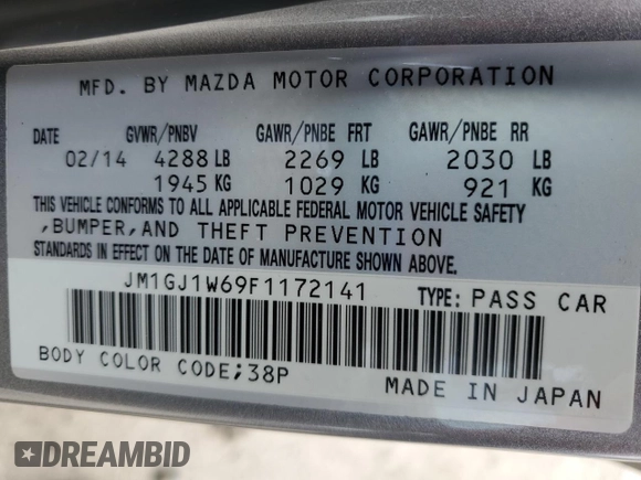2015 Mazda 6 i Grand Touring with VIN JM1GJ1W69F1172141, listed as a Copart auction lot 53512825 with Not Provided miles and Salvage Title. Bid and sale history available at DreamBid. Image 12.