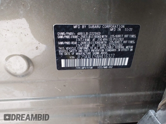 2022 Subaru Forester Wilderness with VIN JF2SKALC5NH416327, listed as a IAAI auction lot 42354984 with 45,875 mi miles and . Bid and sale history available at DreamBid. Image 9.
