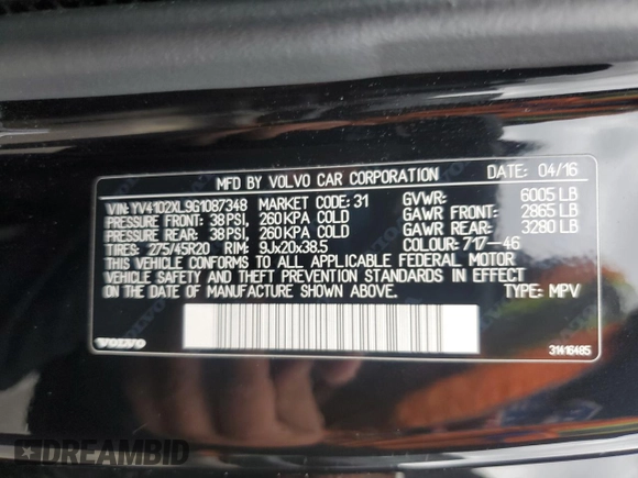 2016 Volvo XC90 with VIN YV4102XL9G1087348, listed as a Copart auction lot 54572535 with 93,212 mi miles and Clean Title. Bid and sale history available at DreamBid. Image 13.