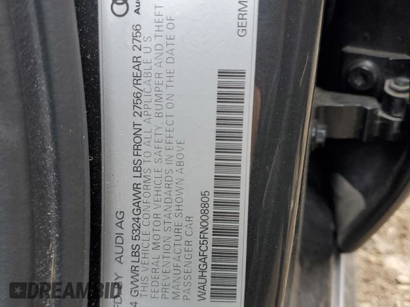 2015 Audi A6 Prestige with VIN WAUHGAFC5FN008805, listed as a Copart auction lot 58084535 with 98,829 mi miles and Salvage title. Bid and sale history available at DreamBid. Image 13.