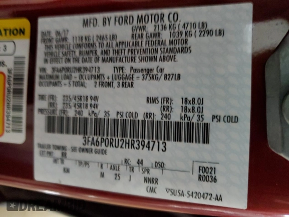 2017 Ford Fusion Hybrid Titanium with VIN 3FA6P0RU2HR394713, listed as a Copart auction lot 56070815 with 95,098 mi miles and Salvage title. Bid and sale history available at DreamBid. Image 12.