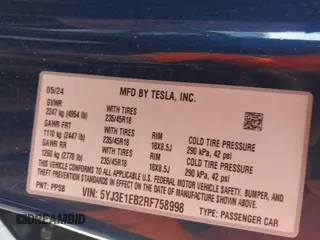 2024 Tesla Model 3 Long Range with VIN 5YJ3E1EB2RF758998, listed as a IAAI auction lot 41861108 with 14,531 mi miles and . Bid and sale history available at DreamBid. Image 9.