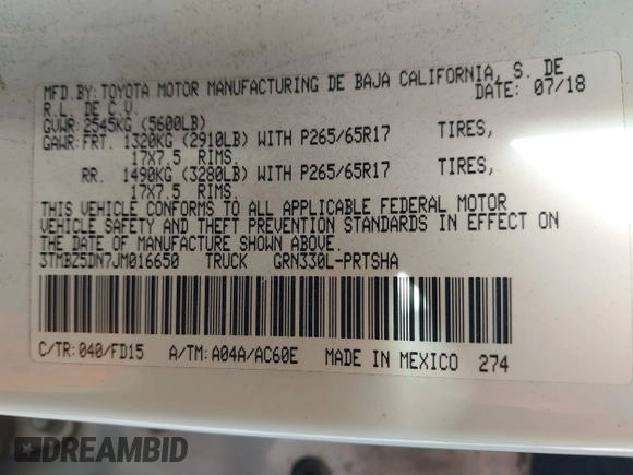 2018 Toyota Tacoma SR5 with VIN 3TMBZ5DN7JM016650, listed as a IAAI auction lot 41903835 with 105,123 mi miles and . Bid and sale history available at DreamBid. Image 9.