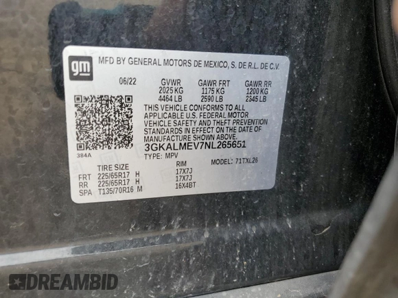 2022 GMC Terrain SLE с VIN 3GKALMEV7NL265651, выставлен на аукционе Copart как лот 58783815 с пробегом 74 346 миль миль и Списание • Salvage title. История ставок и продаж доступна на DreamBid. Изображение 13.