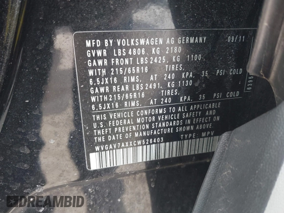 2012 Volkswagen Tiguan SE with VIN WVGAV7AXXCW526403, listed as a IAAI auction lot 41852974 with 125,376 mi miles and . Bid and sale history available at DreamBid. Image 9.