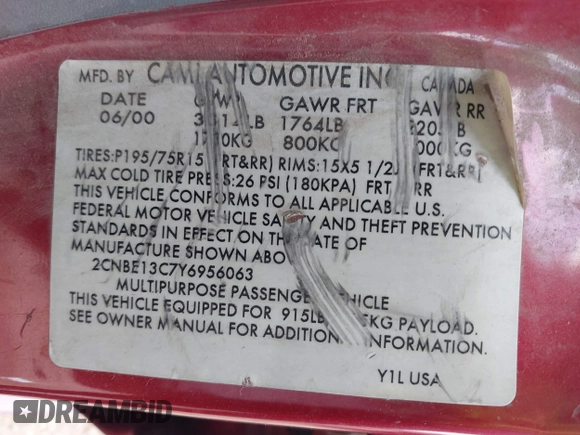 2000 Chevrolet Tracker with VIN 2CNBE13C7Y6956063, listed as a IAAI auction lot 42805919 with 176,684 mi miles and . Bid and sale history available at DreamBid. Image 9.
