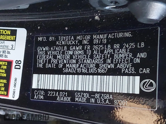 2020 Lexus ES with VIN 58ADZ1B16LU051667, listed as a IAAI auction lot 41201741 with 43,898 mi miles. Bid and sale history available at carsss.com. Image 9.