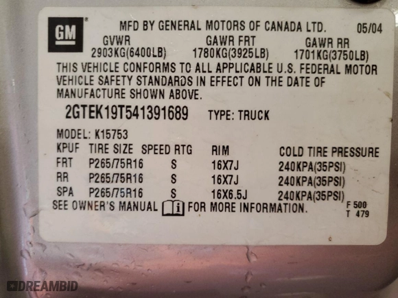 2004 GMC Sierra 1500 SLT with VIN 2GTEK19T541391689, listed as a Copart auction lot 50307595 with 0 mi miles and Clean Title. Bid and sale history available at carsss.com. Image 12.