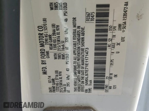 2014 Ford Transit Connect XL with VIN NM0LS7E71E1171473, listed as a Copart auction lot 57811455 with 132,491 mi miles and Clean title. Bid and sale history available at DreamBid. Image 13.