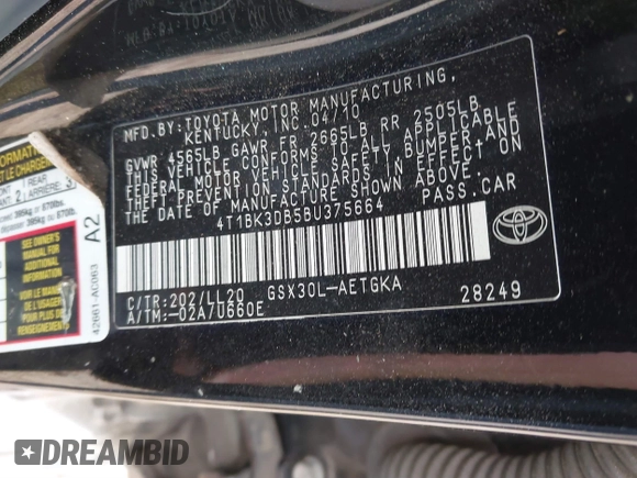 2011 Toyota Avalon with VIN 4T1BK3DB5BU375664, listed as a IAAI auction lot 41356584 with 196,968 mi miles and . Bid and sale history available at DreamBid. Image 9.