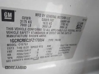 2015 Chevrolet Silverado 1500 LT with VIN 1GCRCREC2FZ170094, listed as a IAAI auction lot 41634824 with 61,686 mi miles. Bid and sale history available at carsss.com. Image 9.