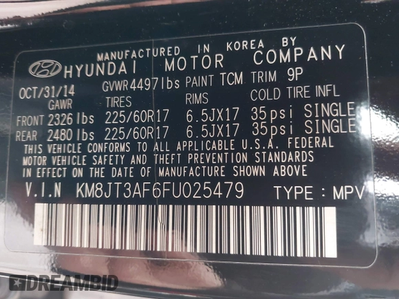 2015 Hyundai Tucson GLS with VIN KM8JT3AF6FU025479, listed as a IAAI auction lot 41498861 with 110,609 mi miles and . Bid and sale history available at DreamBid. Image 9.