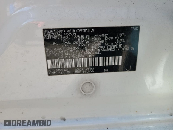 2007 Toyota RAV4 Limited с VIN JTMBD31V775122800, выставлен на аукционе Copart как лот 54219175 с пробегом 169 008 миль миль и Списание • Salvage title. История ставок и продаж доступна на DreamBid. Изображение 14.