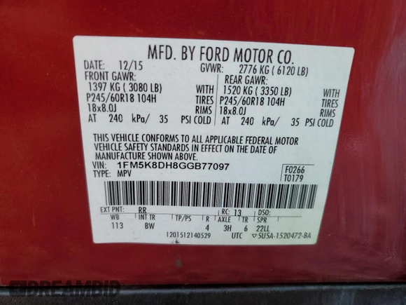 2016 Ford Explorer XLT with VIN 1FM5K8DH8GGB77097, listed as a Copart auction lot 60928394 with 108,678 mi miles and Salvage Title. Bid and sale history available at DreamBid. Image 12.