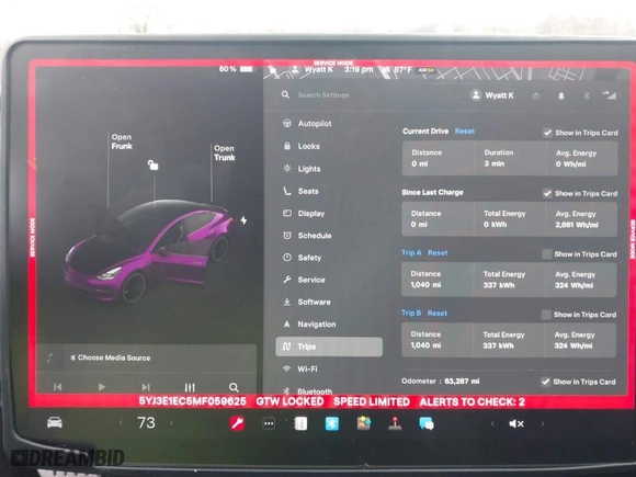 2021 Tesla Model 3 Performance with VIN 5YJ3E1EC5MF059625, listed as a IAAI auction lot 41652748 with 63,287 mi miles. Bid and sale history available at carsss.com. Image 7.