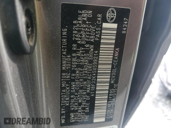 2005 Toyota Camry LE with VIN 4T1BF32K45U599214, listed as a Copart auction lot 52609295 with 304,316 mi miles and Salvage Title. Bid and sale history available at DreamBid. Image 14.