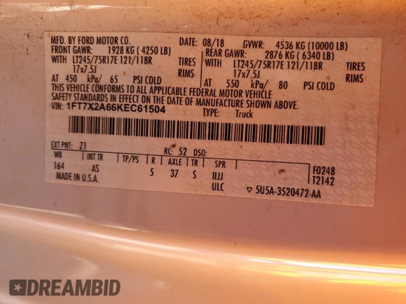 2019 Ford F-250 XL with VIN 1FT7X2A66KEC61504, listed as a Copart auction lot 85848744 with 126,112 mi miles and Salvage title. Bid and sale history available at DreamBid. Image 12.