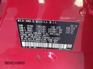 2016 Honda HR-V EX with VIN 3CZRU5H58GM735965, listed as a IAAI auction lot 41848080 with 60,387 mi miles. Bid and sale history available at carsss.com. Image 9.
