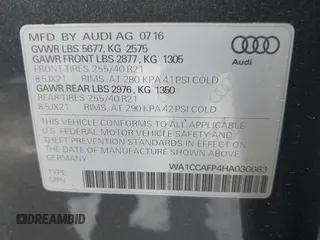 2017 Audi SQ5 Premium Plus with VIN WA1CCAFP4HA030083, listed as a IAAI auction lot 41604911 with 103,890 mi miles. Bid and sale history available at carsss.com. Image 9.