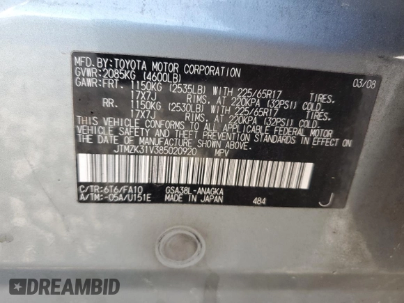 2008 Toyota RAV4 Ltd with VIN JTMZK31V385020920, listed as a Copart auction lot 49697395 with 184,545 mi miles and Salvage Title. Bid and sale history available at carsss.com. Image 15.