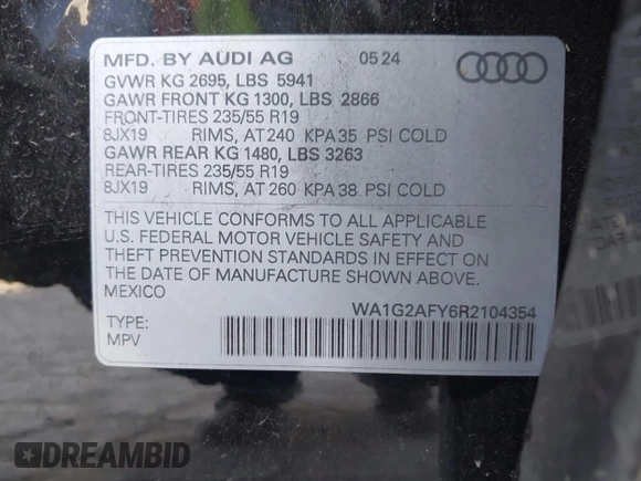 2024 Audi Q5 S line Premium with VIN WA1G2AFY6R2104354, listed as a IAAI auction lot 42248000 with 6,157 mi miles and . Bid and sale history available at DreamBid. Image 9.