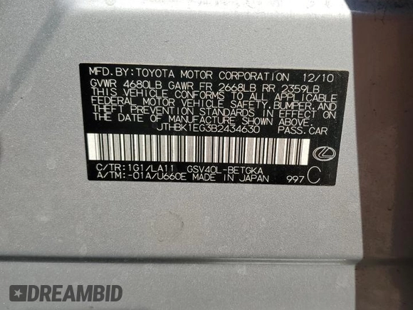 2011 Lexus ES 330 with VIN JTHBK1EG3B2434630, listed as a Copart auction lot 52795915 with 133,426 mi miles and Salvage Title. Bid and sale history available at DreamBid. Image 14.