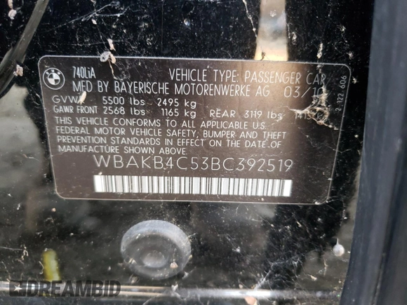2011 BMW 7 Series 740Li with VIN WBAKB4C53BC392519, listed as a Copart auction lot 41449605 with 71,670 mi miles and Non Repairable. Bid and sale history available at carsss.com. Image 12.