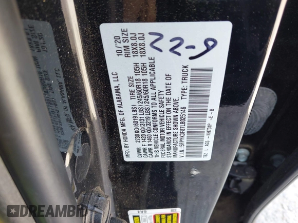 2020 Honda Ridgeline Black Edition with VIN 5FPYK3F87LB025146, listed as a IAAI auction lot 42243646 with 89,120 mi miles and . Bid and sale history available at DreamBid. Image 9.