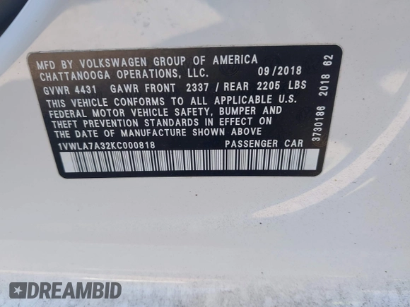 2019 Volkswagen Passat 2.0T Wolfsburg Edition with VIN 1VWLA7A32KC000818, listed as a IAAI auction lot 41711518 with 87,873 mi miles. Bid and sale history available at carsss.com. Image 9.