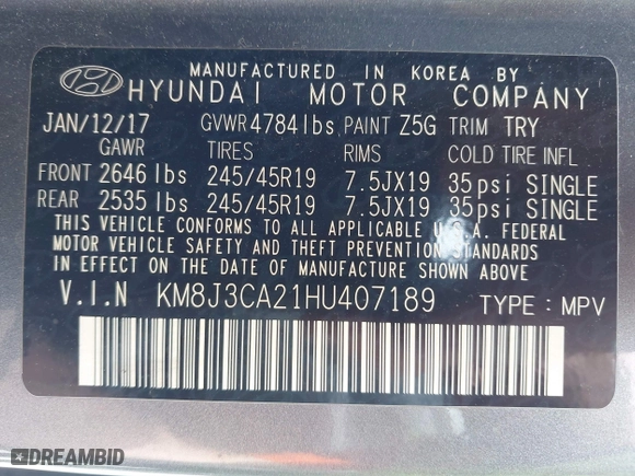 2017 Hyundai Tucson Sport with VIN KM8J3CA21HU407189, listed as a IAAI auction lot 42090562 with 113,618 mi miles. Bid and sale history available at carsss.com. Image 9.