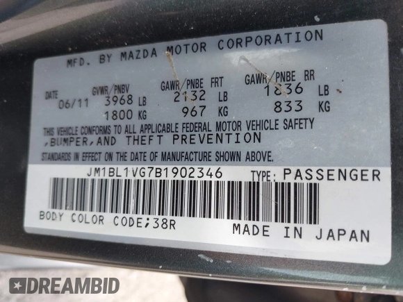 2011 Mazda 3 i Touring with VIN JM1BL1VG7B1902346, listed as a IAAI auction lot 42157226 with 175,039 mi miles and . Bid and sale history available at DreamBid. Image 9.
