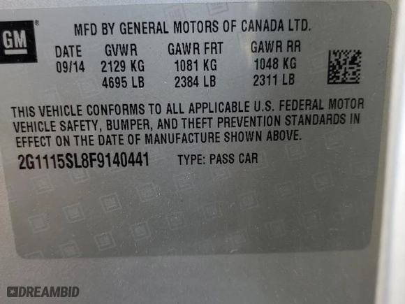 2015 Chevrolet Impala LT with VIN 2G1115SL8F9140441, listed as a Copart auction lot 53717095 with 122,959 mi miles and Clean Title. Bid and sale history available at carsss.com. Image 12.