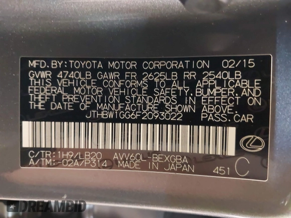 2015 Lexus ES 300h with VIN JTHBW1GG6F2093022, listed as a IAAI auction lot 42484360 with 36,875 mi miles and . Bid and sale history available at DreamBid. Image 9.