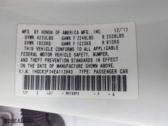 2014 Honda Accord Sedan LX with VIN 1HGCR2F34EA113940, listed as a IAAI auction lot 41896832 with 136,664 mi miles. Bid and sale history available at carsss.com. Image 9.
