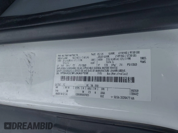 2018 Ford Transit Passenger XL z VIN 1FBAX2CM1JKA97858, wystawiony jako IAAI lot #41285058 z przebiegiem 252 805 mil mil oraz . Historia ofert i sprzedaży dostępna na DreamBid. Obrazek 9.