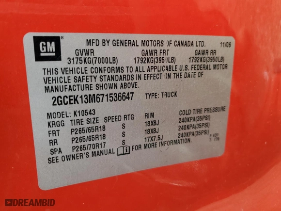 2007 Chevrolet Silverado 1500 LT w/2LT with VIN 2GCEK13M671536647, listed as a Copart auction lot 88068275 with 230,658 mi miles and Salvage Title. Bid and sale history available at carsss.com. Image 12.