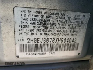 1999 Honda Civic LX with VIN 2HGEJ6673XH504043, listed as a Copart auction lot 55201185 with 220,352 mi miles and Clean Title. Bid and sale history available at carsss.com. Image 12.
