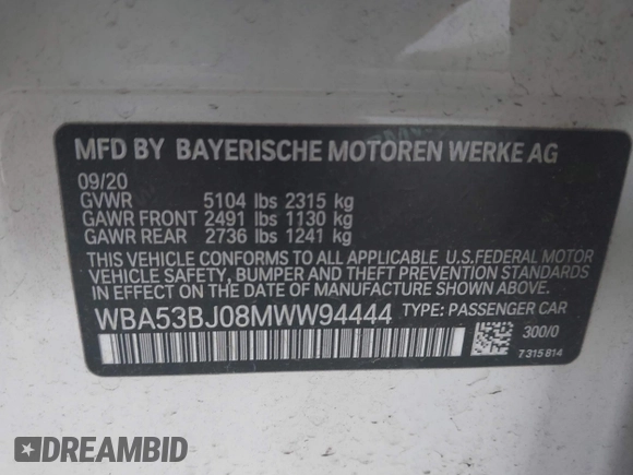 2021 BMW 5 Series 540i with VIN WBA53BJ08MWW94444, listed as a IAAI auction lot 41924491 with 58,921 mi miles and . Bid and sale history available at carsss.com. Image 9.