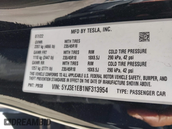 2022 Tesla Model 3 Long Range with VIN 5YJ3E1EB1NF313954, listed as a IAAI auction lot 41248187 with 31,247 mi miles and . Bid and sale history available at DreamBid. Image 9.