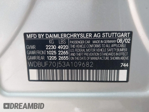 2003 Mercedes-Benz E 500 with VIN WDBUF70J53A109682, listed as a IAAI auction lot 41576258 with 226,118 mi miles and . Bid and sale history available at DreamBid. Image 9.
