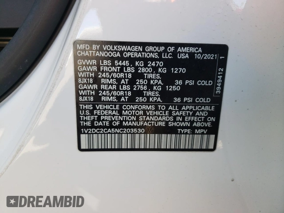 2022 Volkswagen Atlas SE z VIN 1V2DC2CA5NC203530, wystawiony jako Copart lot #72041664 z przebiegiem 32 981 mil mil oraz Szkoda całkowita • Salvage title. Historia ofert i sprzedaży dostępna na DreamBid. Obrazek 15.