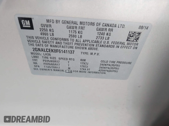 2015 Chevrolet Equinox LT with VIN 2GNALCEK8F6141137, listed as a IAAI auction lot 41674356 with 152,011 mi miles. Bid and sale history available at carsss.com. Image 9.