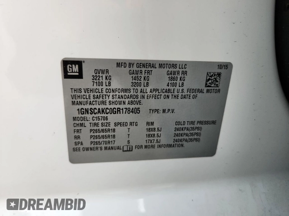 2016 Chevrolet Tahoe LS with VIN 1GNSCAKC0GR178405, listed as a Copart auction lot 58485535 with 141,727 mi miles and Salvage title. Bid and sale history available at DreamBid. Image 14.