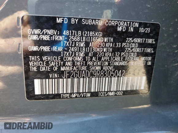 2024 Subaru Crosstrek Premium z VIN JF2GUADC9R8305042, wystawiony jako Copart lot #55796805 z przebiegiem 9 518 mil mil oraz Szkoda całkowita • Salvage title. Historia ofert i sprzedaży dostępna na DreamBid. Obrazek 13.
